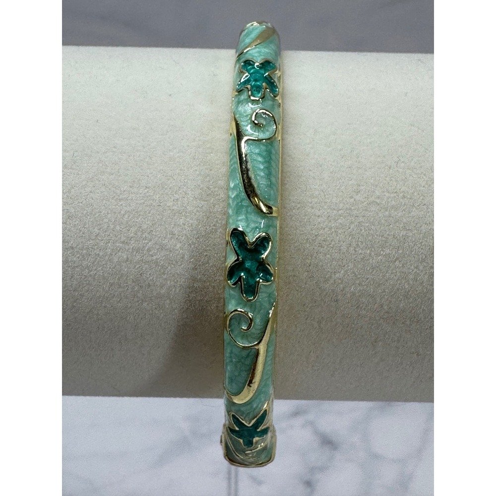 Gold Tone Mint Green Enamel Floral Hinged Bangle Bracelet Teal Flowers